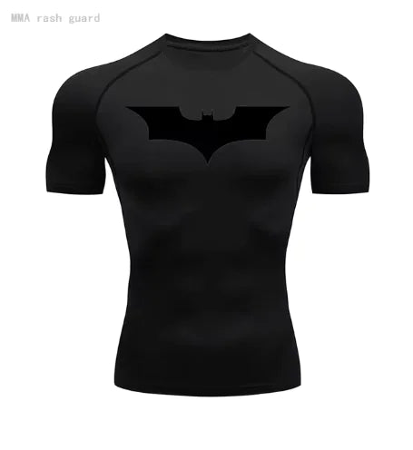 Elegantly designed men's black short sleeve compression shirt with a sleek black Batman emblem, ensuring both comfort and UV shielding.
