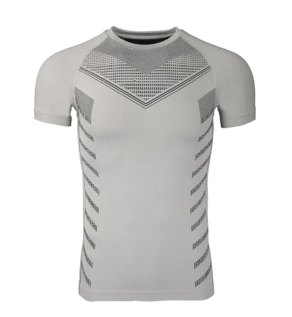 Sik Silk Men's Short Sleeve Compression Tee in luxurious Milk Silk fabric, featuring a stylish dots pattern and slim fit, showcased by Dazzling Dreams Studio.