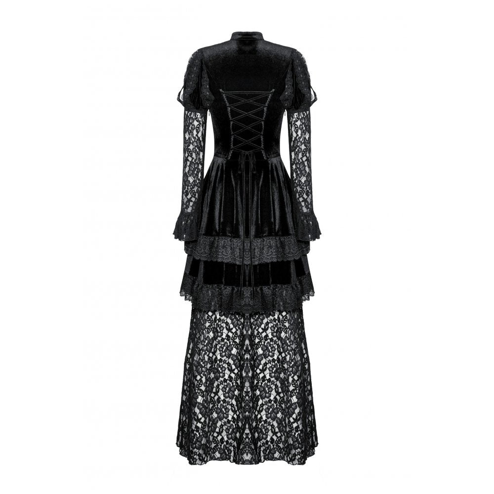 Gothic Velvet Lace Princess Gown featuring intricate lace and velvet detailing, high choker collar, and elegant keyhole cutout, perfect for a dark romantic aesthetic.