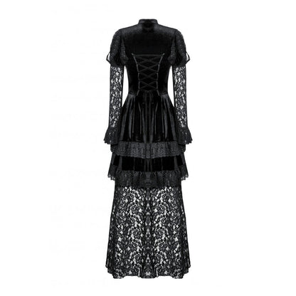 Gothic Velvet Lace Princess Gown featuring intricate lace and velvet detailing, high choker collar, and elegant keyhole cutout, perfect for a dark romantic aesthetic.