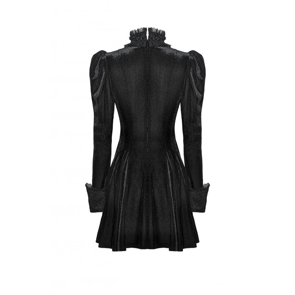 Model wearing Dark In Love Inez gown, demonstrating its luxurious velvet fabric and intricate lace details in a gothic-inspired look.