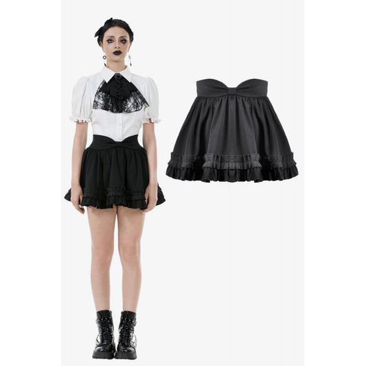 Dark in Love high-waisted black mini skirt featuring ruffled trim and a sweetheart waistband, perfect for gothic lolita fashion.