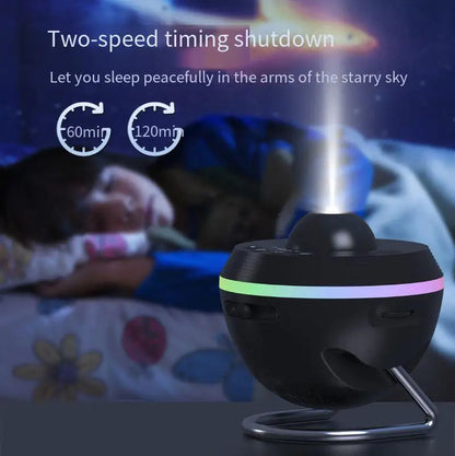 Dynamic Meteor 13 In 1 Ultra Clear Galaxy Projector Lamp featuring a two-speed timing shutdown system, set in a cozy bedroom atmosphere with a child peacefully sleeping under a starry sky.