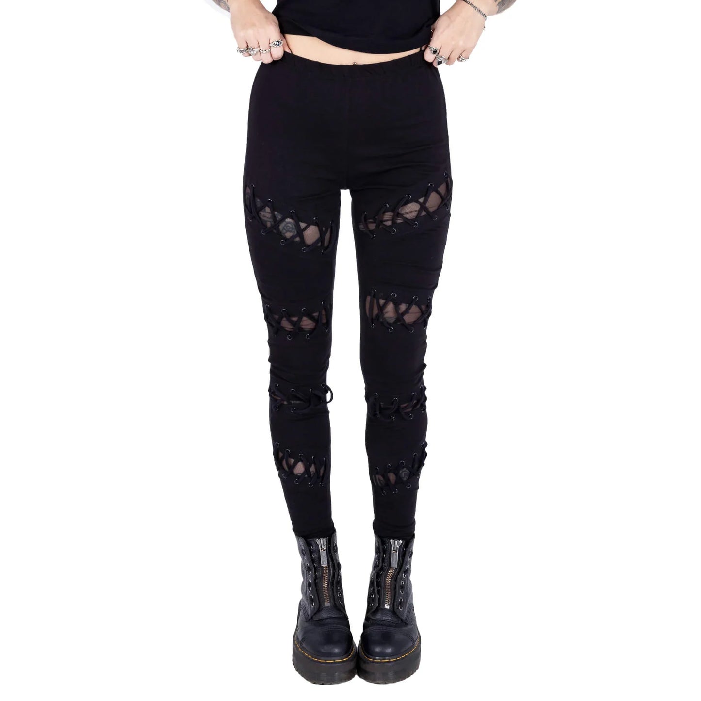 Luxurious Vixxsin Calais Lace Up Leggings featuring elegant black eyelets and alluring mesh panels, available in sizes XS to XL for a chic and edgy look.