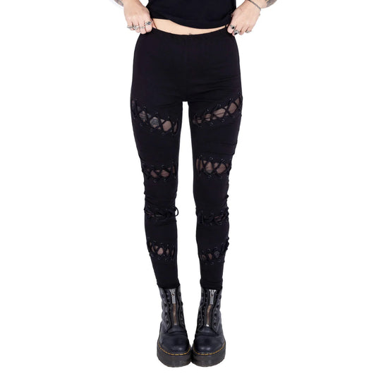 Luxurious Vixxsin Calais Lace Up Leggings featuring elegant black eyelets and alluring mesh panels, available in sizes XS to XL for a chic and edgy look.