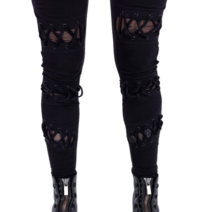 Vixxsin Calais Lace Up Leggings featuring elegant black eyelets and stylish mesh panels, designed for a luxurious silhouette—available in sizes XS to XL.
