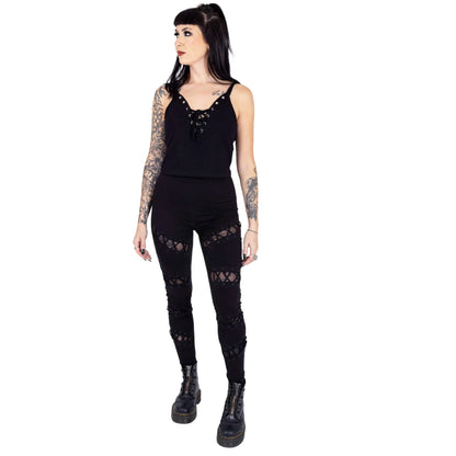 Full view of Vixxsin Calais Lace Up Leggings styled with rebellious mesh cutouts, ideal for creating a dramatic silhouette.
