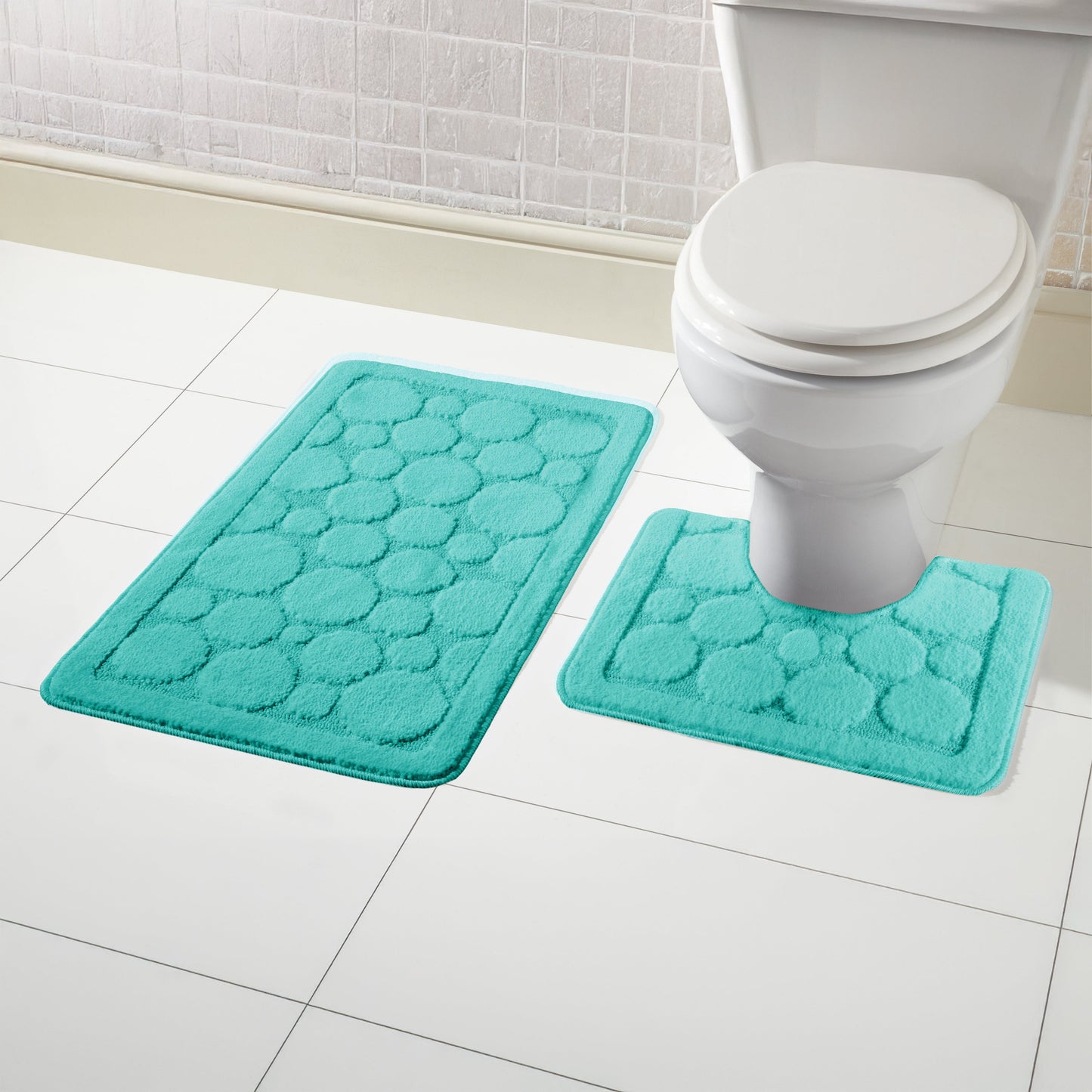 Cali Bubbles 2 Piece Duck Egg Bath Mat & Pedestal Set, showcasing a non-slip, soft and absorbent design, perfect for enhancing luxury bathroom decor.