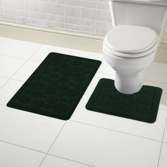 Cali Bubbles 2 Piece Emerald Green Bath Mat Set featuring a plush bath mat and pedestal mat, designed for luxury and non-slip safety in your bathroom.