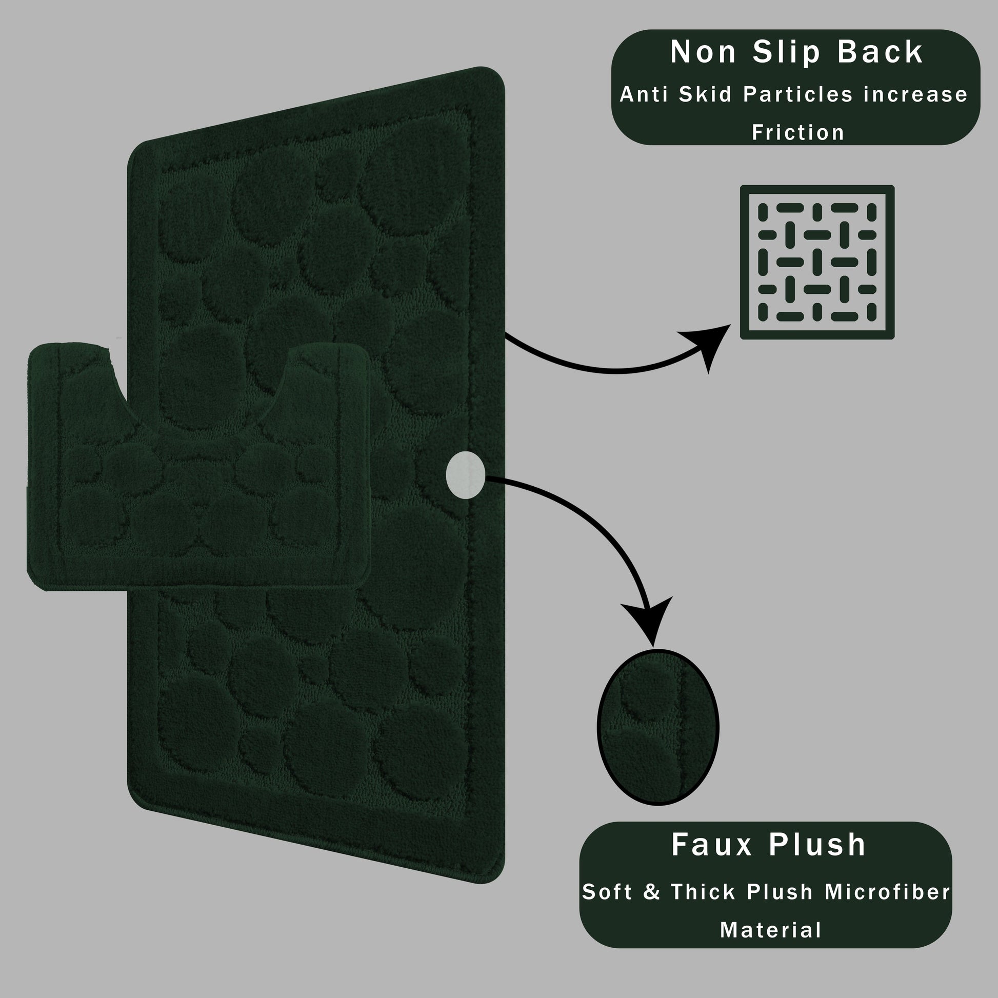 Easy-care features of the Cali Bubbles Emerald Green Bath Mat Set highlighted with machine washable labels and plush fabric, perfect for luxury bathroom maintenance.