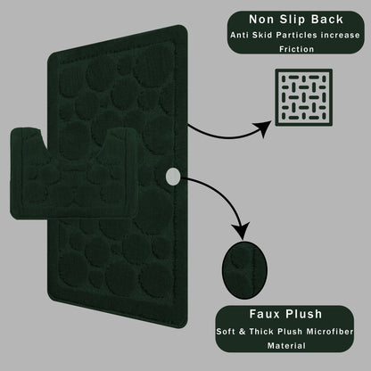 Easy-care features of the Cali Bubbles Emerald Green Bath Mat Set highlighted with machine washable labels and plush fabric, perfect for luxury bathroom maintenance.