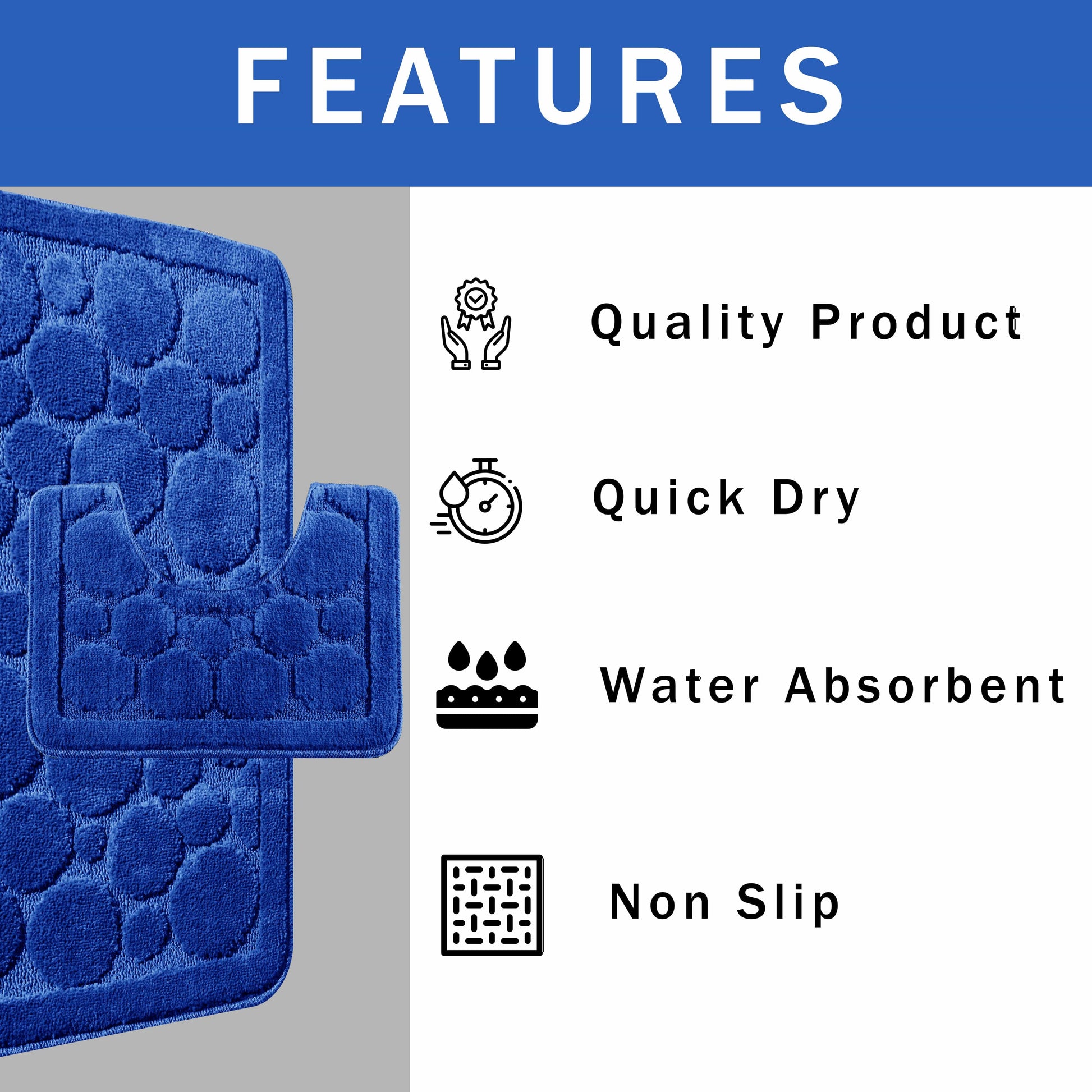 Non-slip base of the Cali Bubbles Royal Blue Bath Mat Set, ensuring safety and stability in your bathroom with chic design and functionality.