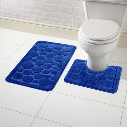 Cali Bubbles 2 Piece Royal Blue Bath Mat and Pedestal Set featuring a luxurious non-slip design, soft fabric, and elegant finish, perfect for enhancing bathroom decor.