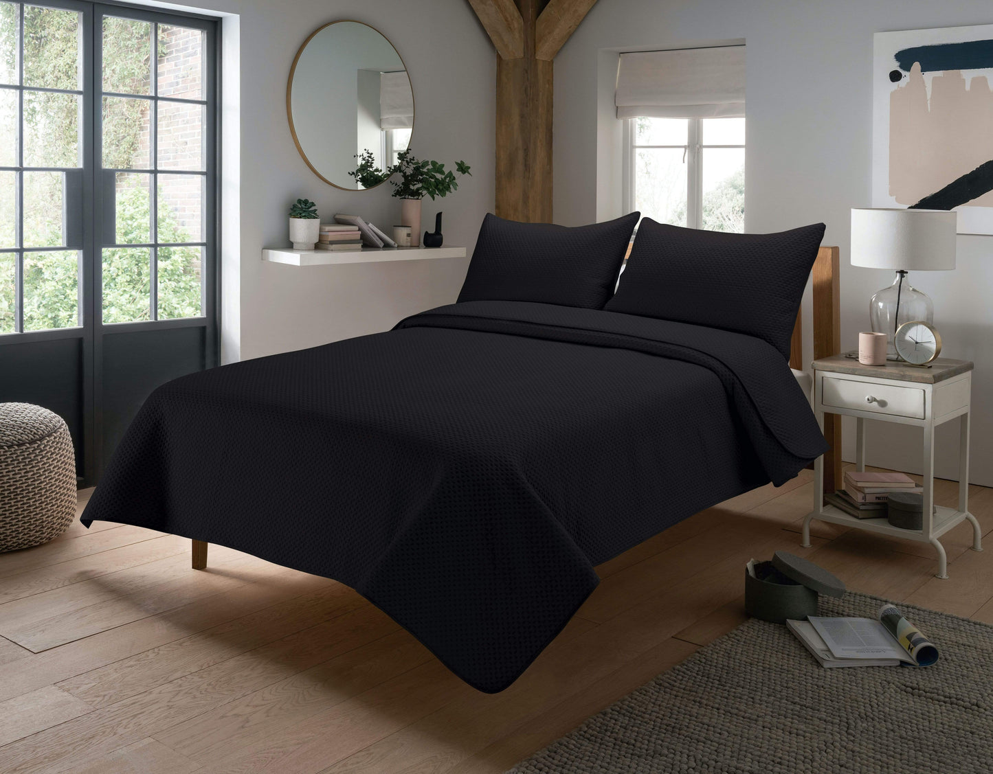 Capri Bedspread Set displayed elegantly on a beautifully styled bed, enhancing home decor with sophistication.