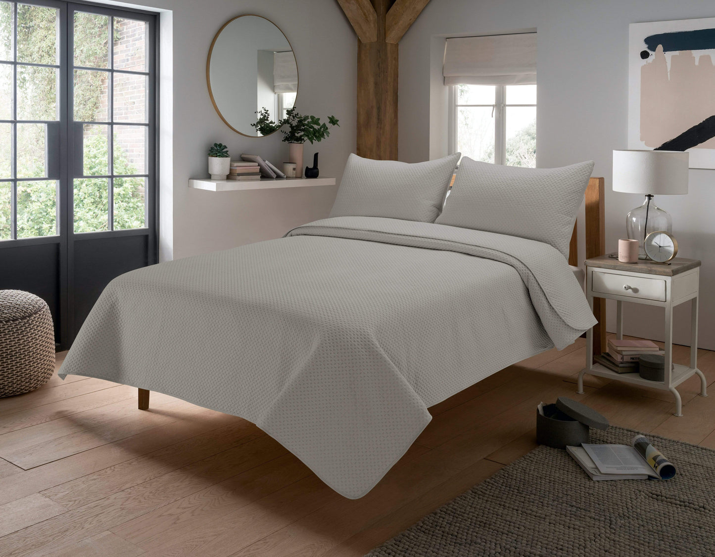 Luxurious Capri Embossed Bedspread Set 240 x 260 cm by OLIVIA ROCCO, featuring elegant embossed detailing, a cosy quilted throw, and stylish pillow shams, perfect for enhancing sophisticated bedroom decor.