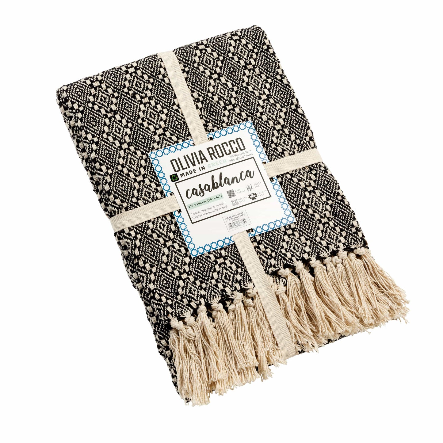 Luxurious Casablanca Super Soft Eco-Friendly Recycled Cotton Throw Blanket featuring an elegant check design and charming tassels, ideal for enhancing home decor across sofas and beds.