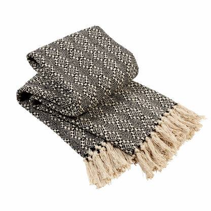 Stylish and lightweight Casablanca Super Soft Cotton Throw Blanket made from 100% recycled materials, showcasing a beautiful check pattern with tassels, perfect for cozying up in any living space.