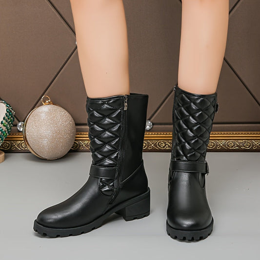 Elegant women's mid-calf quilted boots featuring a stylish buckle detail, designed with a solid colour, platform heel, and zip-up closure for a luxurious finish.
