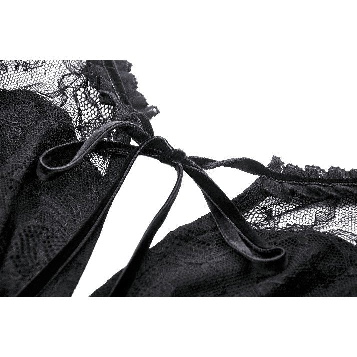 Close-up view of the Dark in Love Merida Lace Tail Dress showcasing the velvet ribbon lace-up back and exquisite lace tail design.