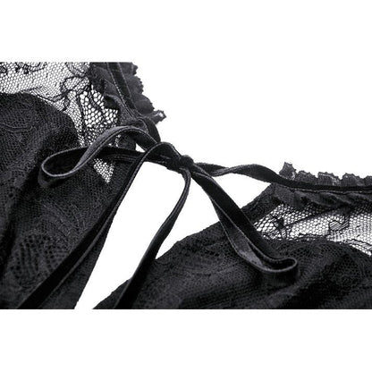 Close-up view of the Dark in Love Merida Lace Tail Dress showcasing the velvet ribbon lace-up back and exquisite lace tail design.