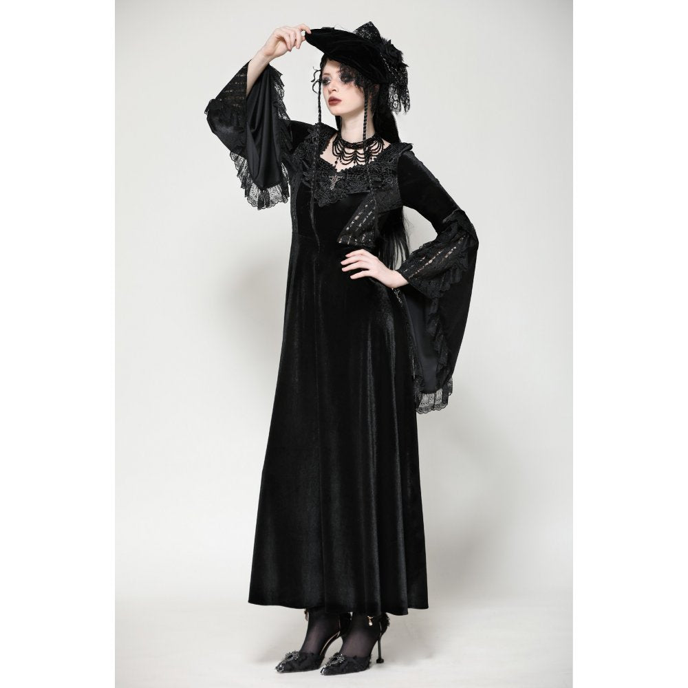 Side view of the Dark In Love Petricka Velvet Maxi Dress, accentuating the dramatic oversized bell sleeves and rich velvet texture.
