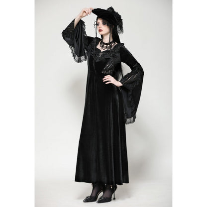 Side view of the Dark In Love Petricka Velvet Maxi Dress, accentuating the dramatic oversized bell sleeves and rich velvet texture.