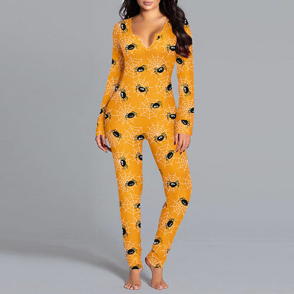 Luxurious Halloween Printed Jumpsuit featuring long sleeves, perfect for casual home wear, showcasing the playful seasonal print ideal for festive celebrations.