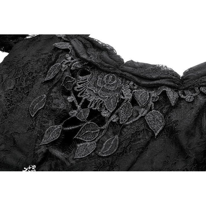 Close-up detail of the puff mesh sleeves on the Dark In Love Morwenna Gothic Maxi Dress, showcasing intricate lace embroidery and elastic hems.