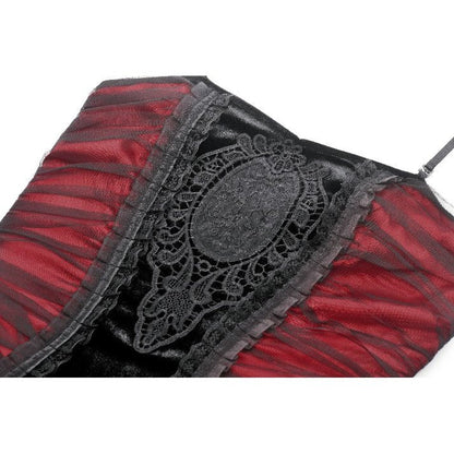 Zoomed detail of the ornate lace appliqué on the bodice of the Lilith Gothic gown, enhancing its dark elegance.