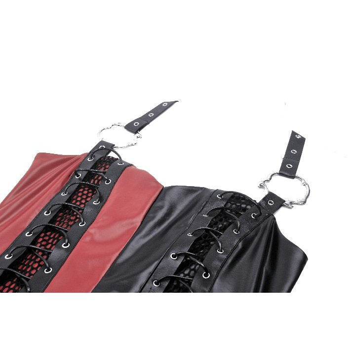 Luxurious Dark in Love Ishtar max dress featuring striking red and black faux leather with a sweetheart neckline and bespoke O-rings.