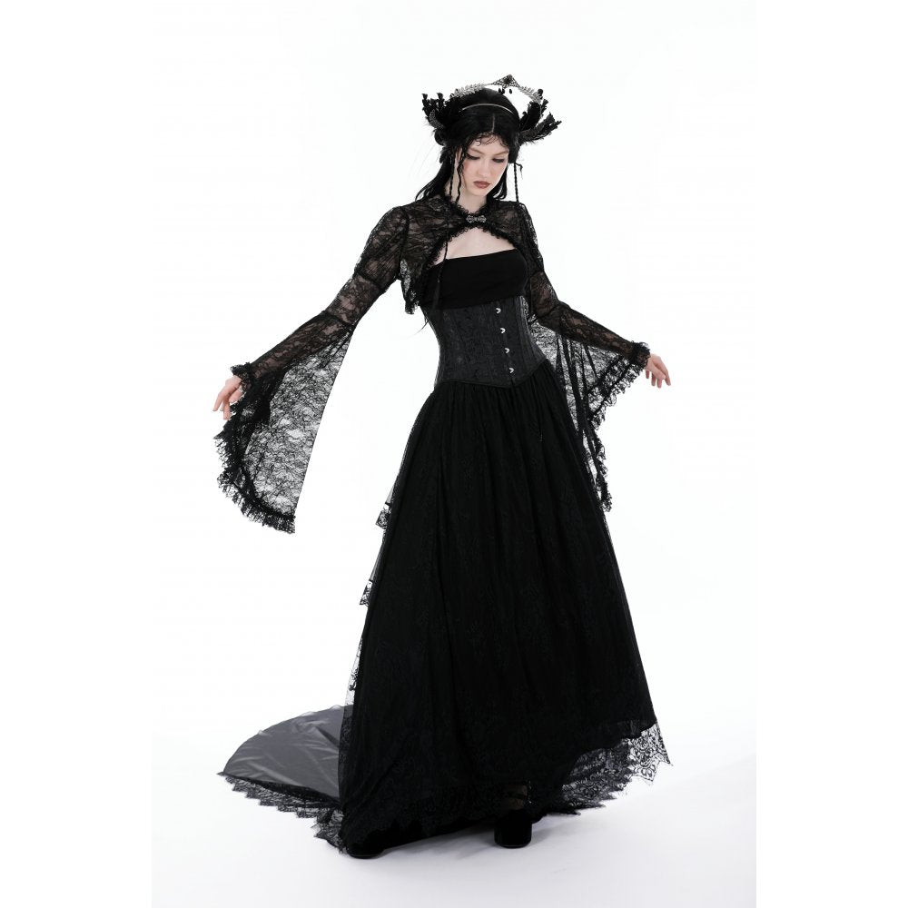 Model wearing the Dark in Love Lace Shrug over a gothic wedding dress, highlighting its versatility for dark romantic occasions.