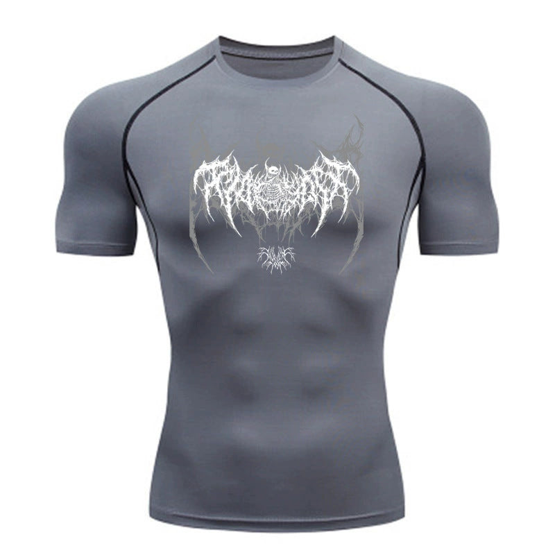 Trendy men's black compression shirt featuring stylish graphics, suitable for both workouts and casual outings.