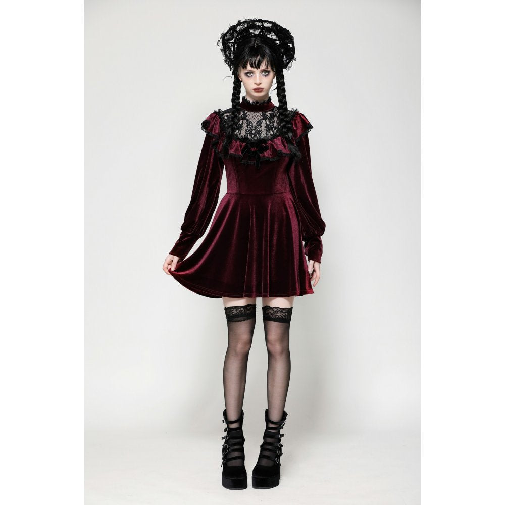 Elegant burgundy velvet dress with black gothic lace details and ruffle neckline from Dark in Love Verity by Kate's Clothing.