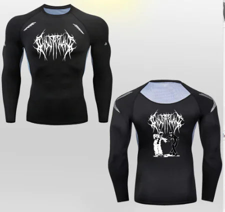 Elegant high-performance long-sleeve compression t-shirt in black with intricate white 2D printed design, perfect for serious workouts and athletic pursuits.