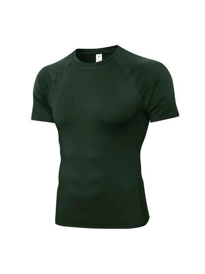 Elegant men's short sleeve compression t-shirt in dark green, designed for moisture-wicking and enhanced athletic performance.