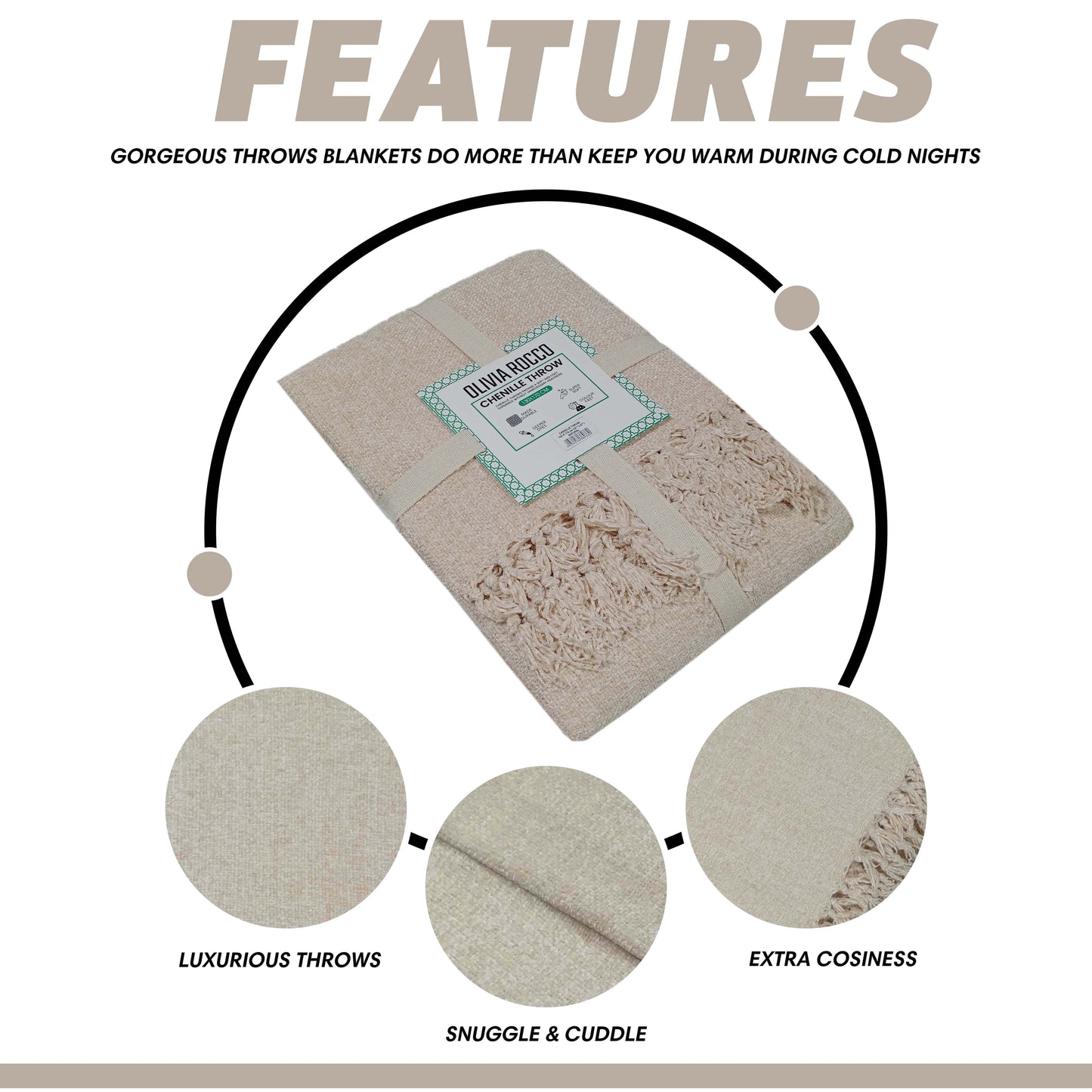 Chenille throw blanket with delicate tassel accents, elegantly styled on a cozy armchair, emphasizing its versatility as a chic home decor piece.