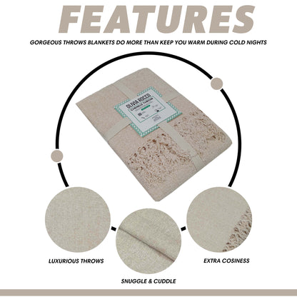 Chenille throw blanket with delicate tassel accents, elegantly styled on a cozy armchair, emphasizing its versatility as a chic home decor piece.