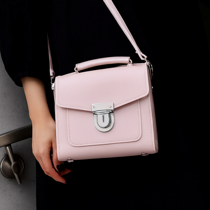 Luxurious Handmade Leather Sugarcube Handbag in Cherry Blossom - Plus Size, Adjustable & Detachable Strap