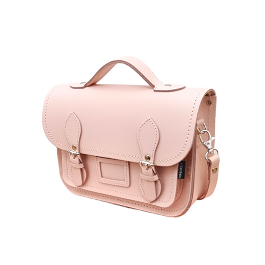 Elegant Handmade Leather Midi Satchel in Cherry Blossom Pink, showcasing luxurious craftsmanship and stylish design, perfect for any fashion-forward individual.