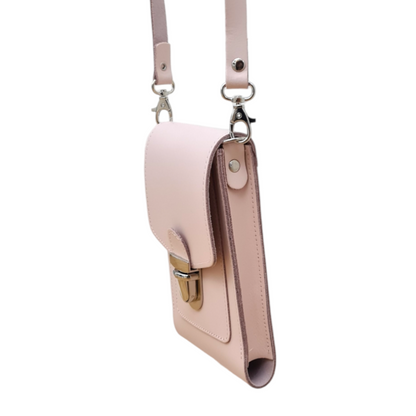 Luxury Handmade Leather Crossbody Phone Case in Cherry Blossom Colour with Adjustable Strap, crafted by Zatchels, designed to fit most phones elegantly.