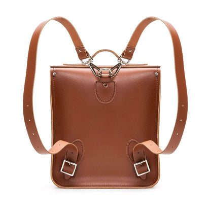 Stylish Handmade Chestnut Leather City Backpack in small size, perfect for everyday use, highlighting adjustable straps and customizable options for personal style.