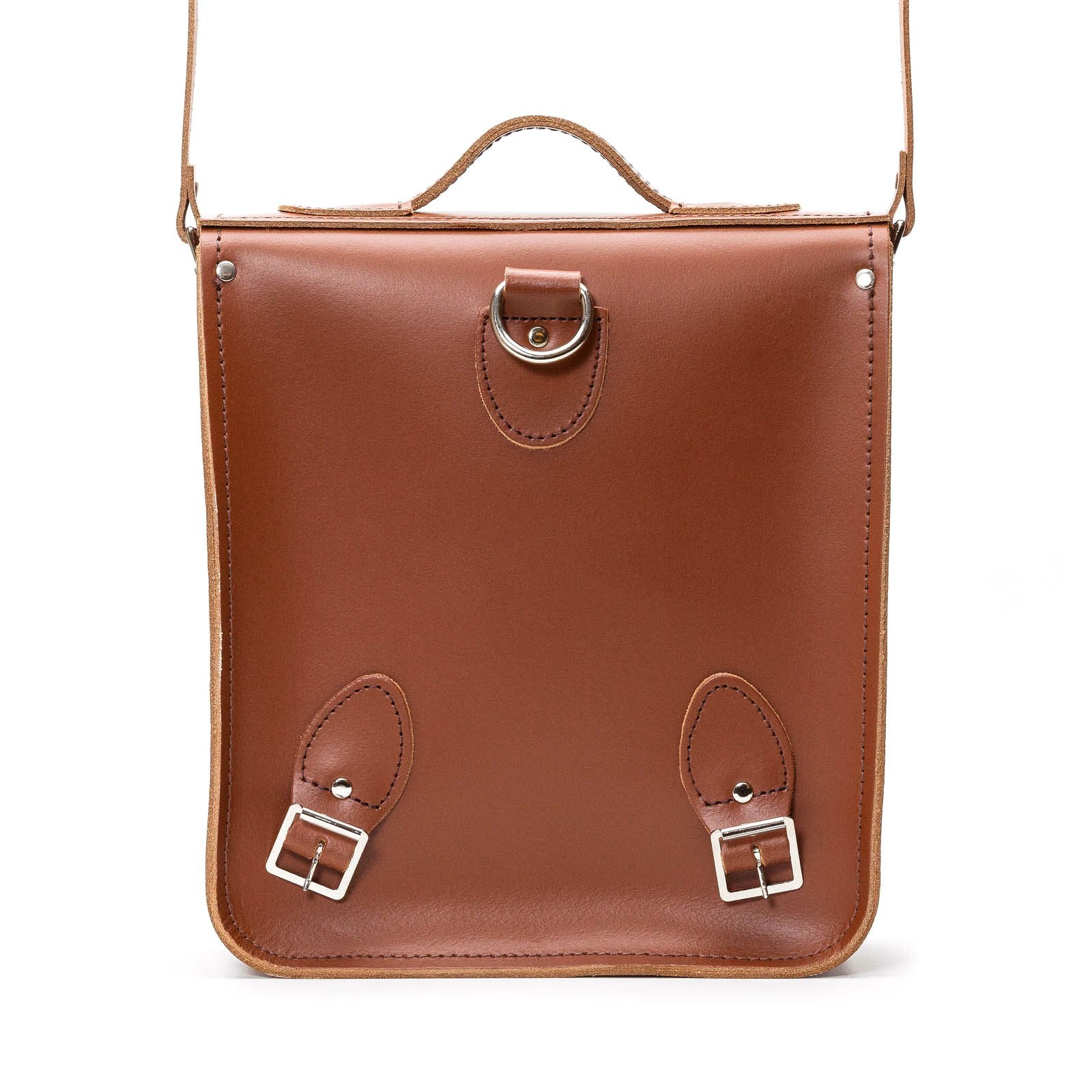 Luxurious Handmade Chestnut Leather City Backpack displayed with intricate details, showcasing its soft light brown interior and traditional buckle fastenings.
