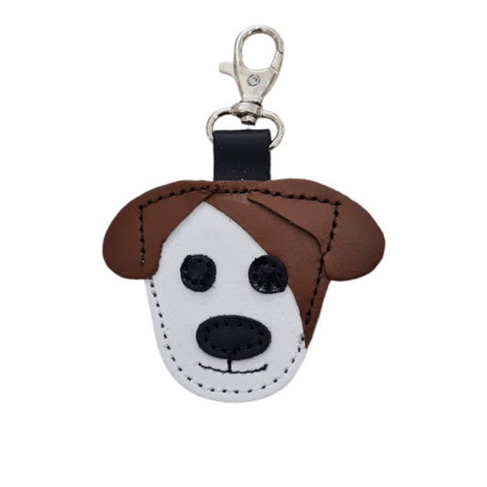 Luxury handmade leather dog bag charm in unique chestnut colour, beautifully crafted by Zatchels, measuring 80 x 70 mm, featuring a stylish dog motif.