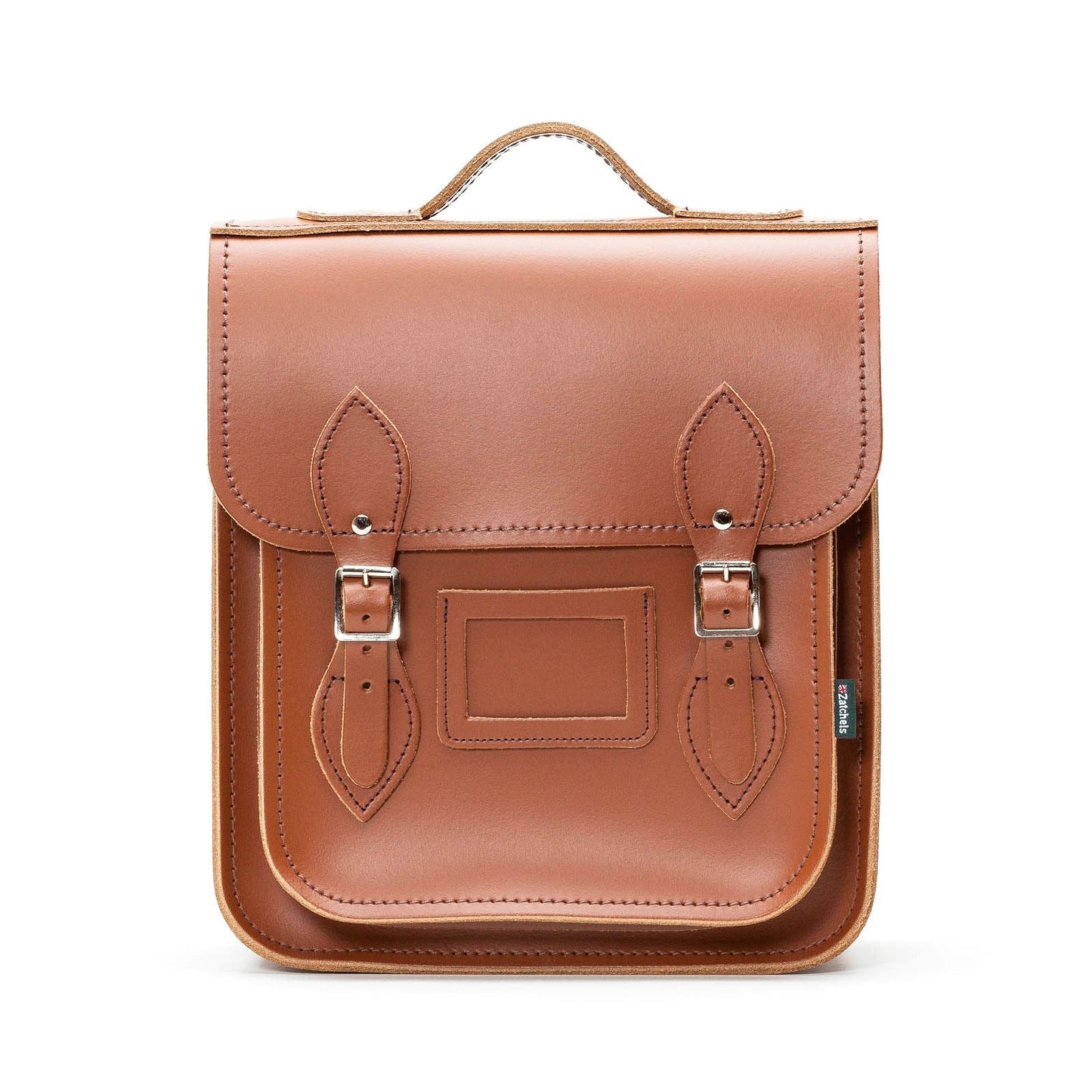 Stylish Handmade Chestnut Leather City Backpack by Zatchels, showcasing premium Scottish craftsmanship, available in Small and Plus sizes. Features secure silver nickel buckles, soft light brown interior, and the option for custom engravings.