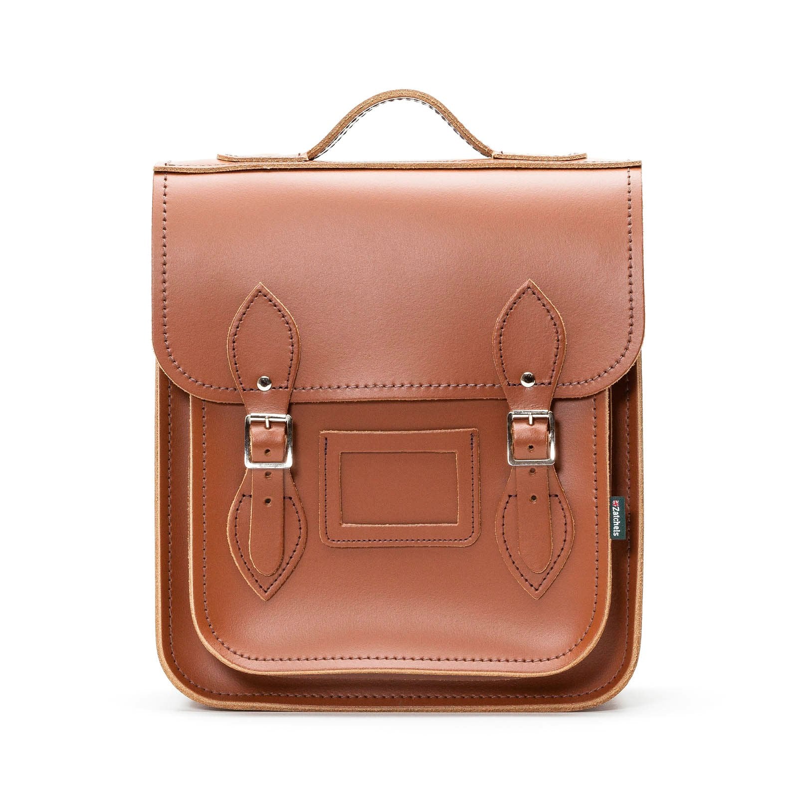 Stylish Handmade Chestnut Leather City Backpack by Zatchels, showcasing premium Scottish craftsmanship, available in Small and Plus sizes. Features secure silver nickel buckles, soft light brown interior, and the option for custom engravings.