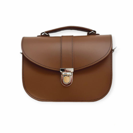 Olympia Handmade Leather Handbag by Zatchels in Chestnut, showcasing exquisite British craftsmanship, premium cow leather, versatile styling options with a detachable strap, and customizable features for a luxury accessory experience.