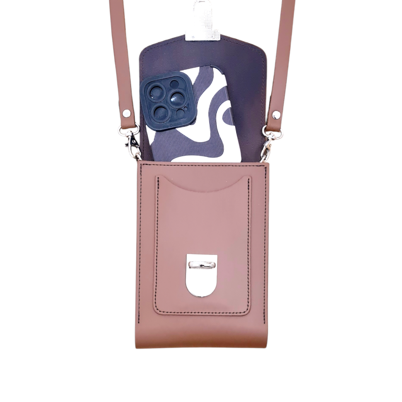 Interior view of Zatchels Luxury Crossbody Phone Case, displaying the spacious compartment for phone and cards.