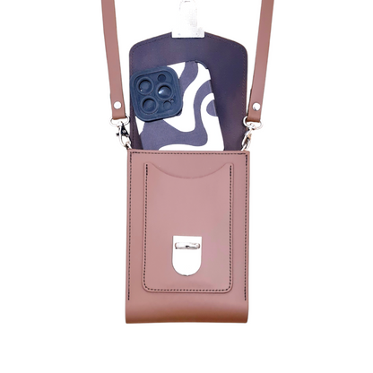 Interior view of Zatchels Luxury Crossbody Phone Case, displaying the spacious compartment for phone and cards.