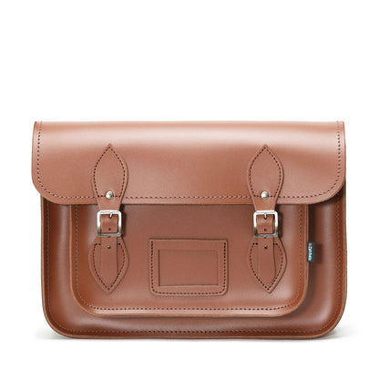 Handmade Chestnut Leather Satchel showcasing luxurious craftsmanship with adjustable strap and rich chestnut colour.