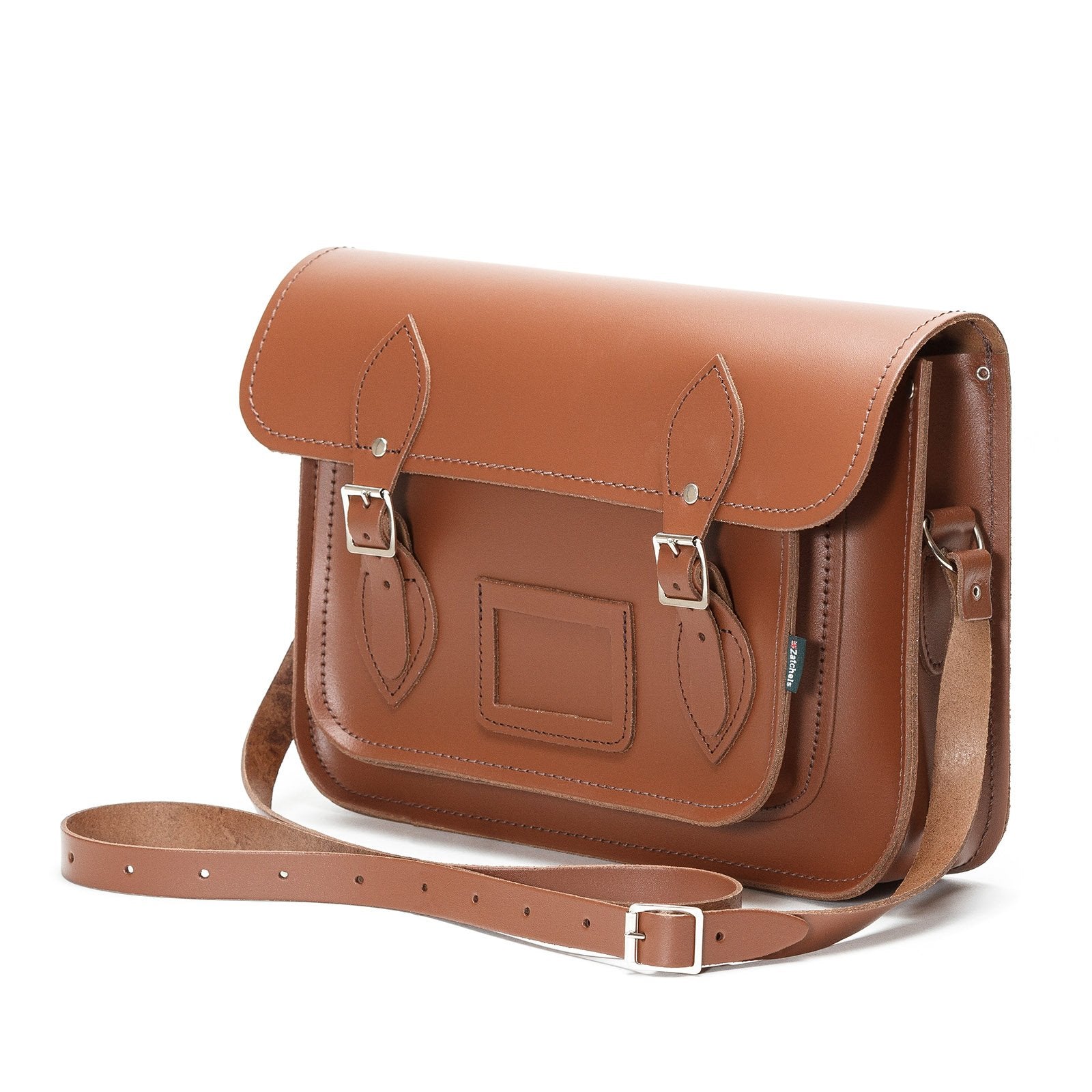 Versatile Handmade Chestnut Leather Satchel designed to fit tablets and laptops, highlighting its functionality and timeless design.